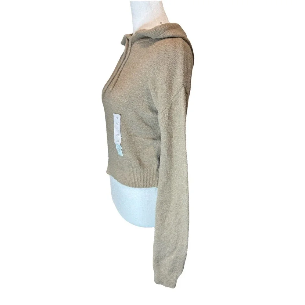 SO Juniors Hoodie XS Beige Eyelash Plush Yard Crop Khaki Loungewear Womens NWT
